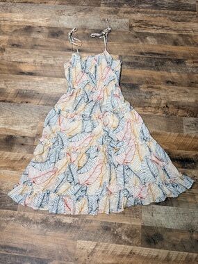 Lightweight Leaf-Print Midi Sundress in White with Blue & Coral Leaves